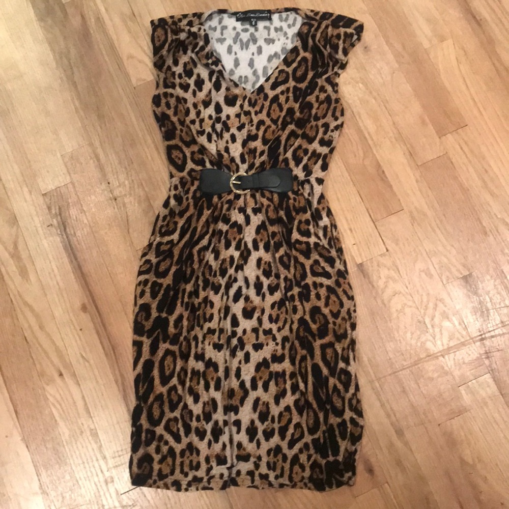 Print stretch jersey dress belt front trim waist